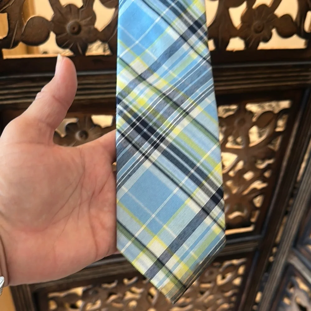J. Khaki Blue / Yellow / White Plaid Necktie / Tie.